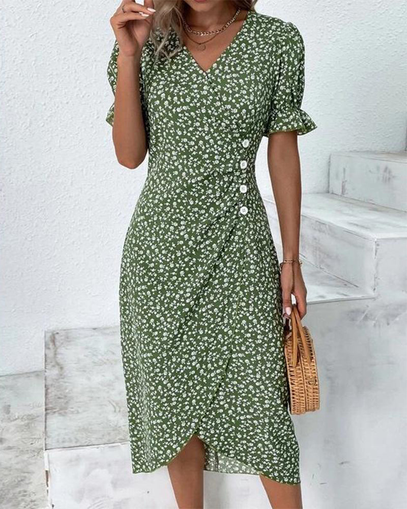 Women's V-Neck Dress with Floral Print and Flowy Design