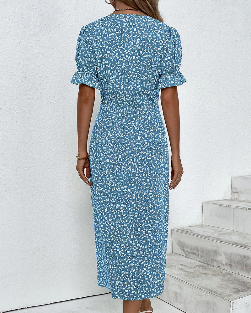 Women's V-Neck Dress with Floral Print and Flowy Design