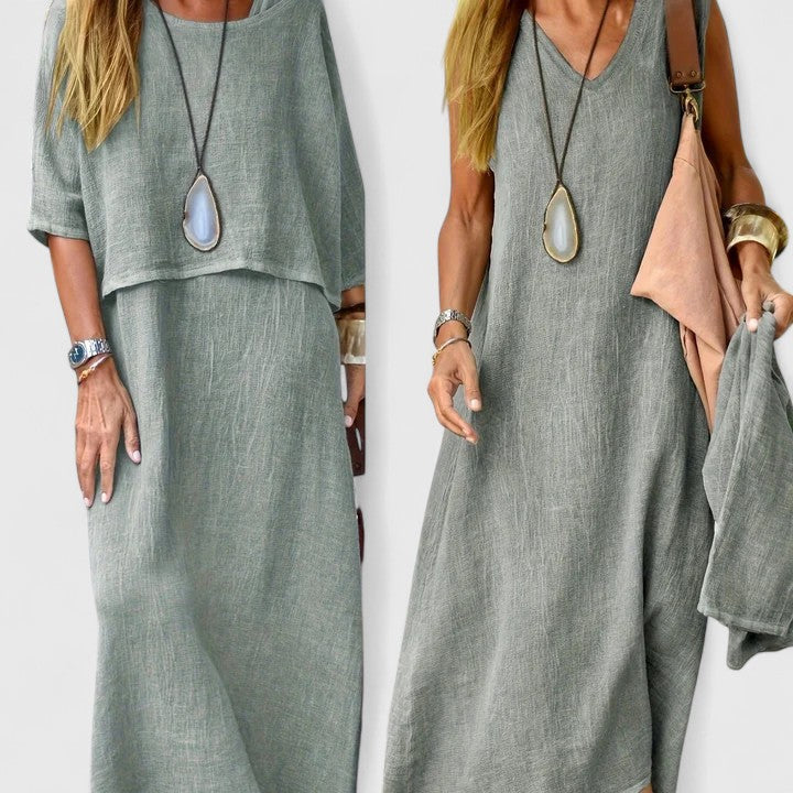 Women's Two-Piece Maxi Dress with Short Sleeve Top and Versatile Style