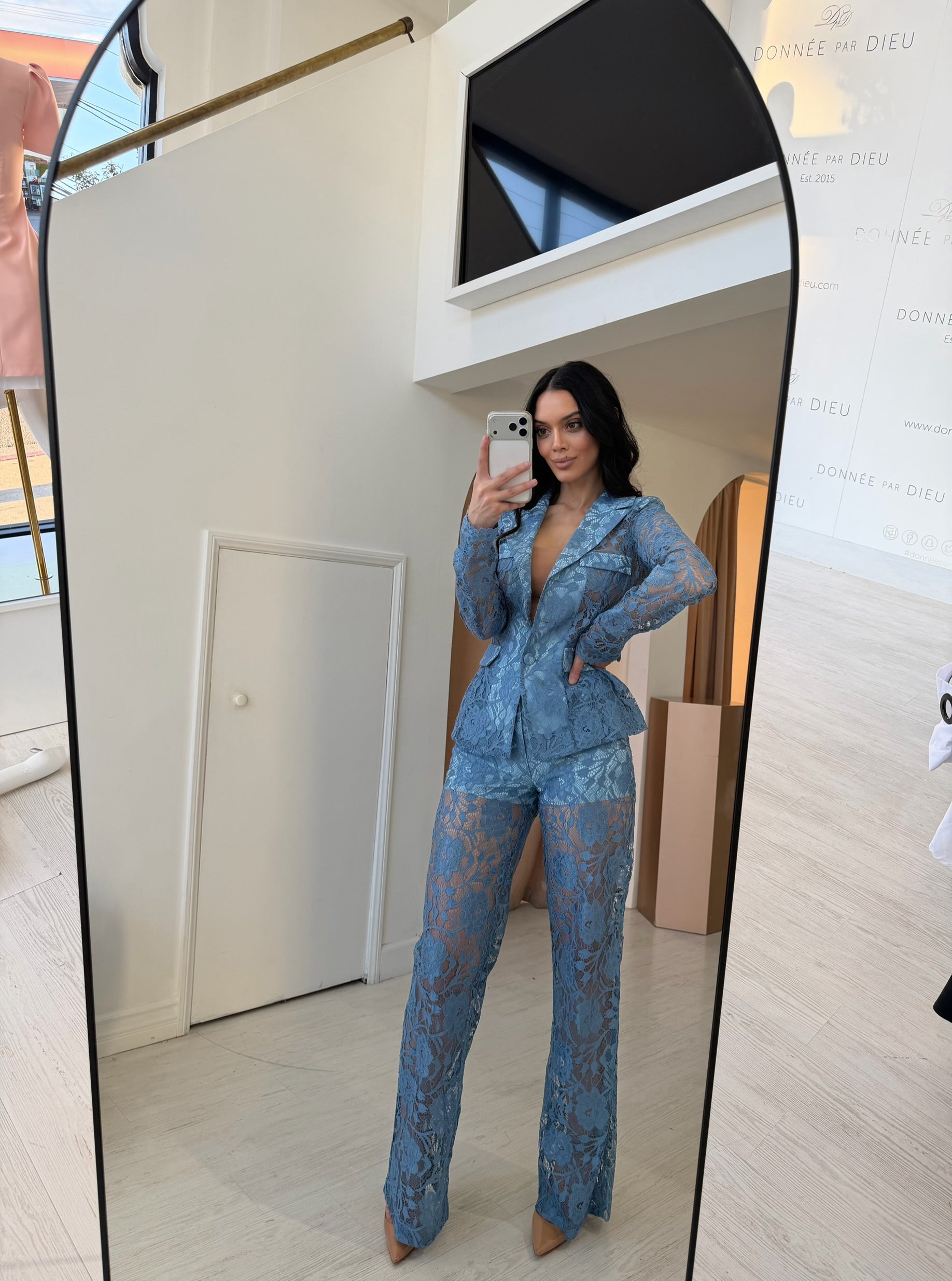 Women's Single-Button Shawl Collar Lace Blazer and Wide-Leg Pants Dressy Set | Two-Piece