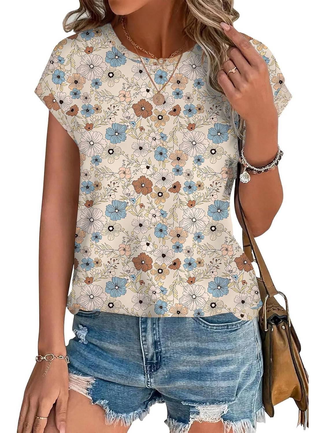 Women's Casual Top with Leaf Print and Crew Neck