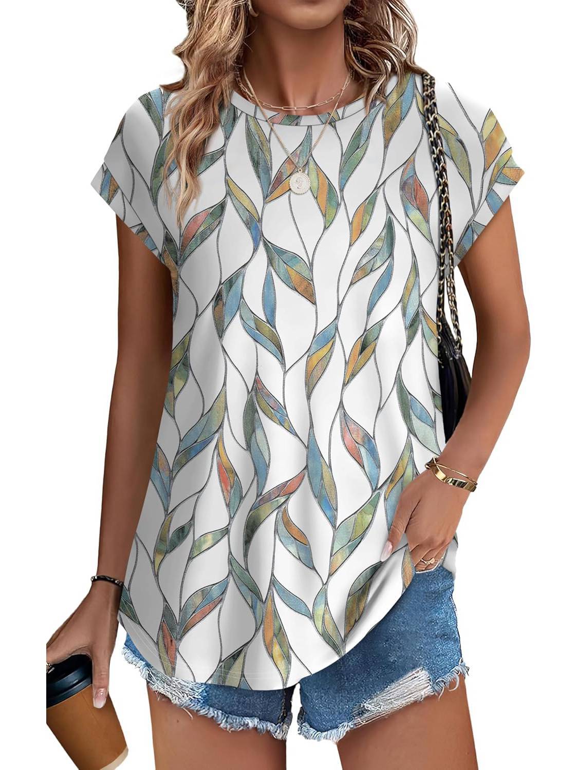 Women's Casual Top with Leaf Print and Crew Neck