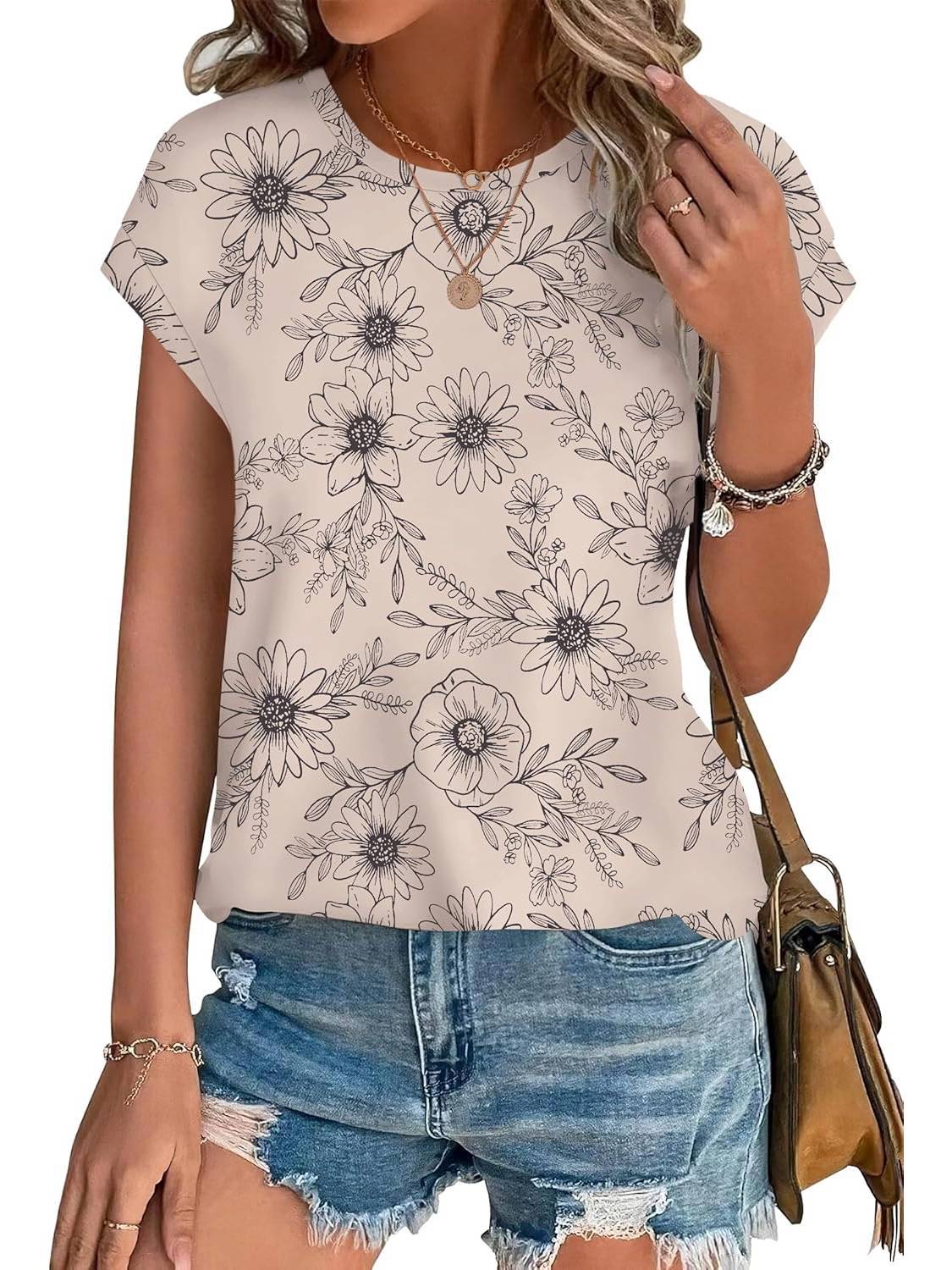 Women's Casual Top with Leaf Print and Crew Neck