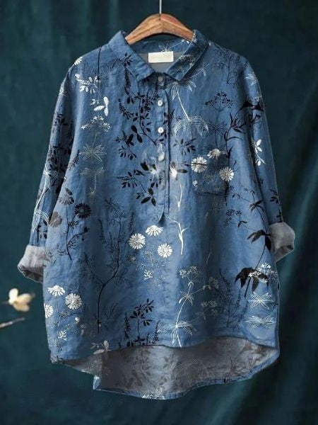 Women's Floral Blouse with Short Sleeves and Lightweight Fabric