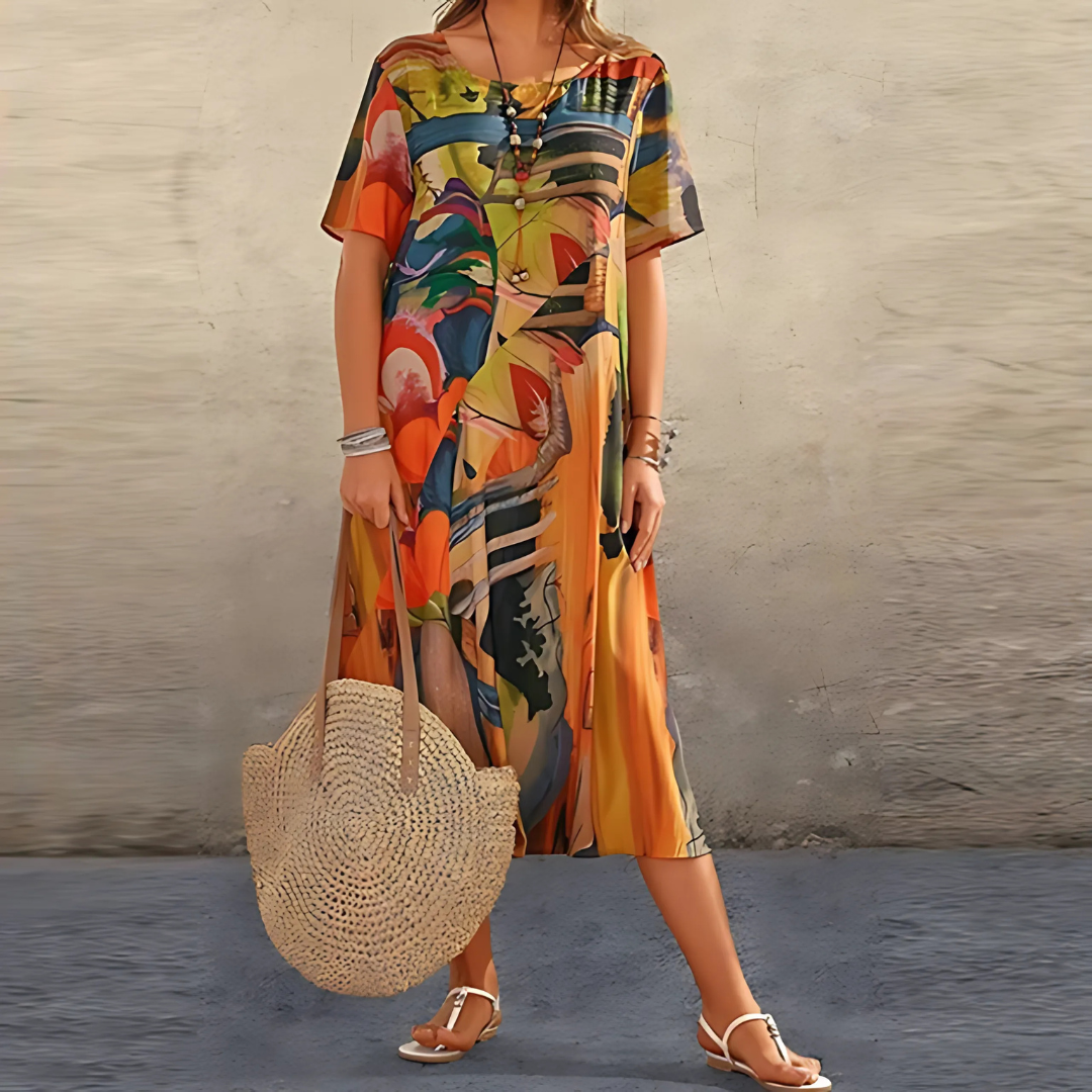 Women's Floral Dress with A-Line Cut and Short Sleeves