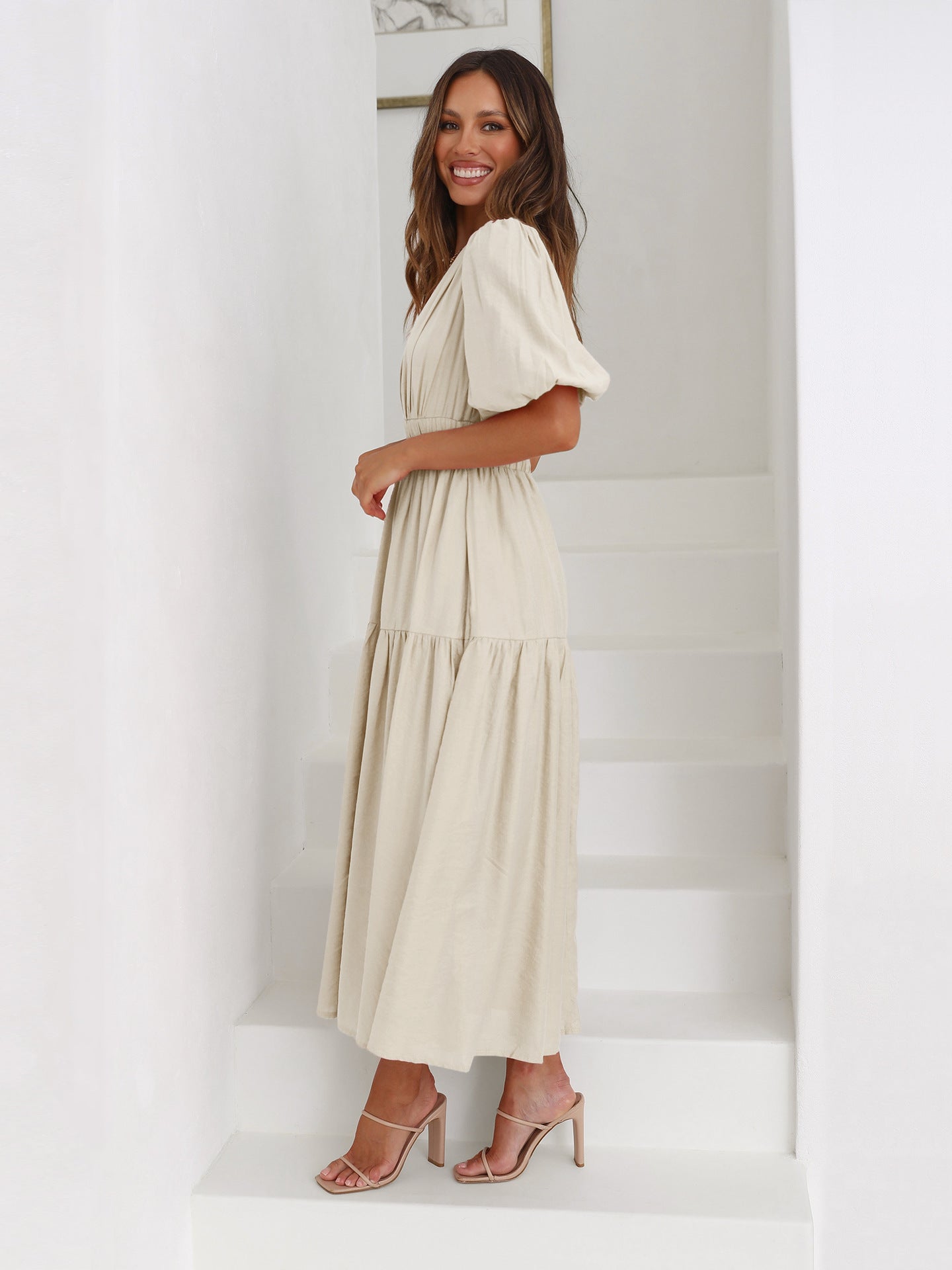 Women's V-Neck Midi Dress with Puff Sleeves and Smocked Waist