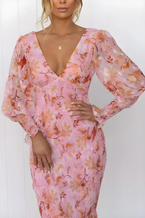 Women's Floral Dress with Short Sleeves and A-Line Skirt