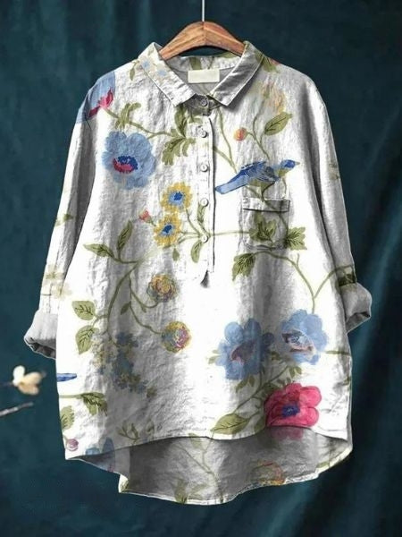 Women's Floral Blouse with Short Sleeves and Lightweight Fabric