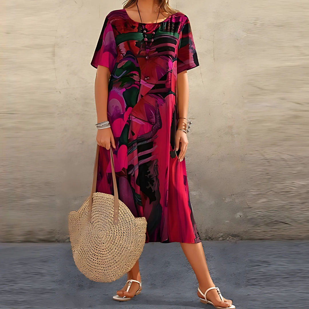 Women's Floral Dress with A-Line Cut and Short Sleeves
