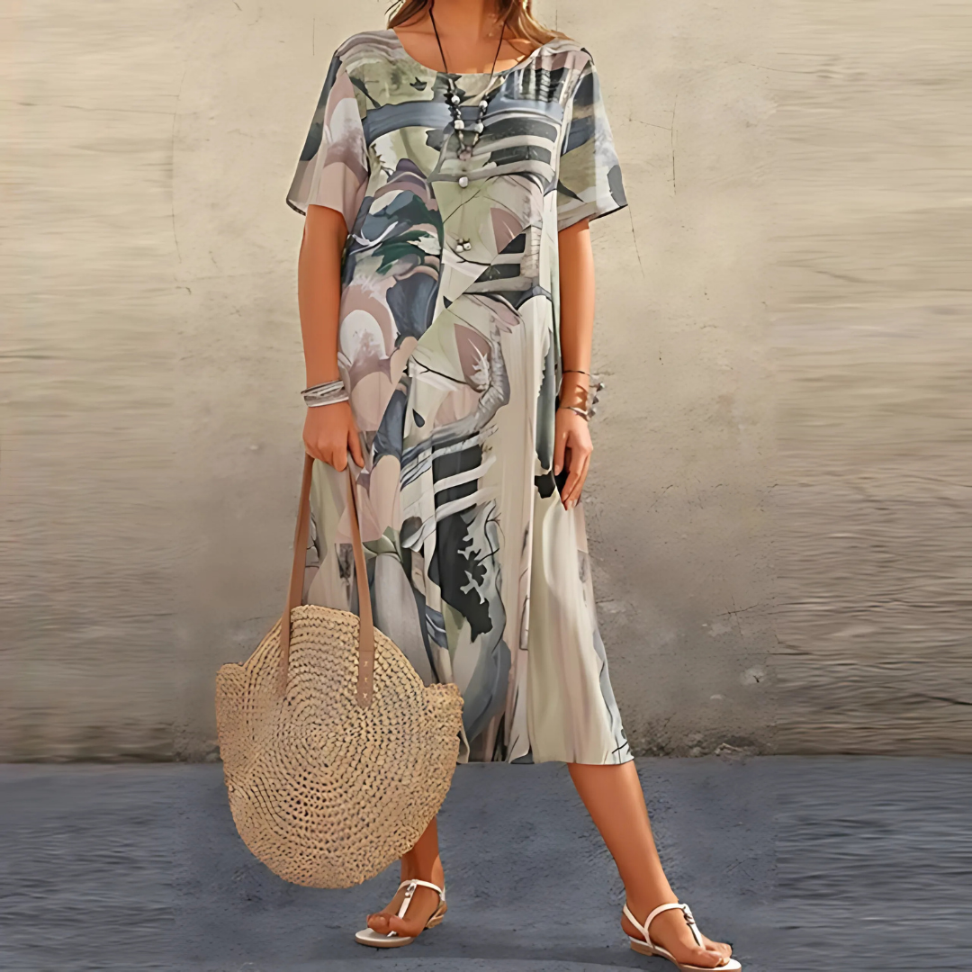 Women's Floral Dress with A-Line Cut and Short Sleeves