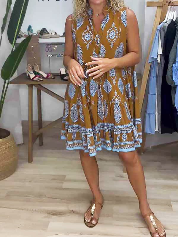 Women's Boho Print V-Neck Mini Dress with Sleeveless Design and Tiered Style