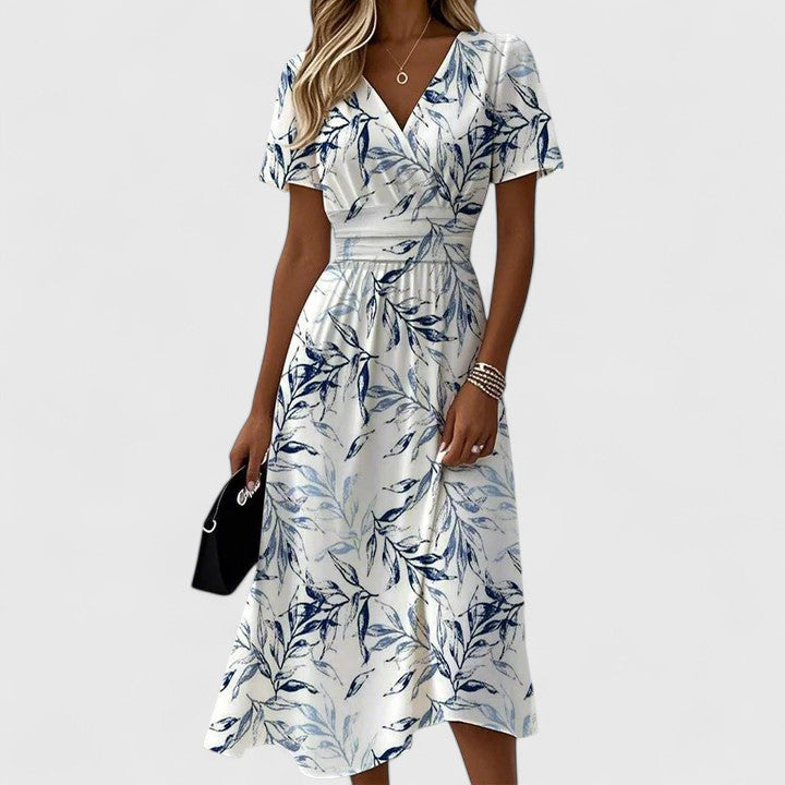 Women's Floral Print Midi Dress with Wrap V-Neck and Flutter Sleeves