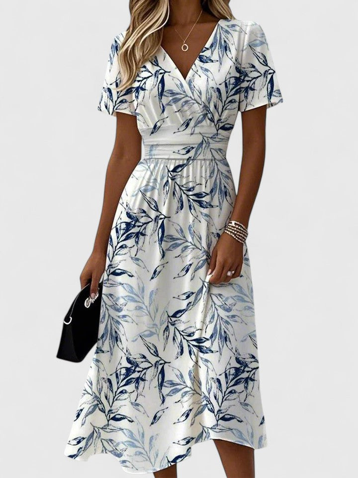 Women's Floral Print Midi Dress with Wrap V-Neck and Flutter Sleeves