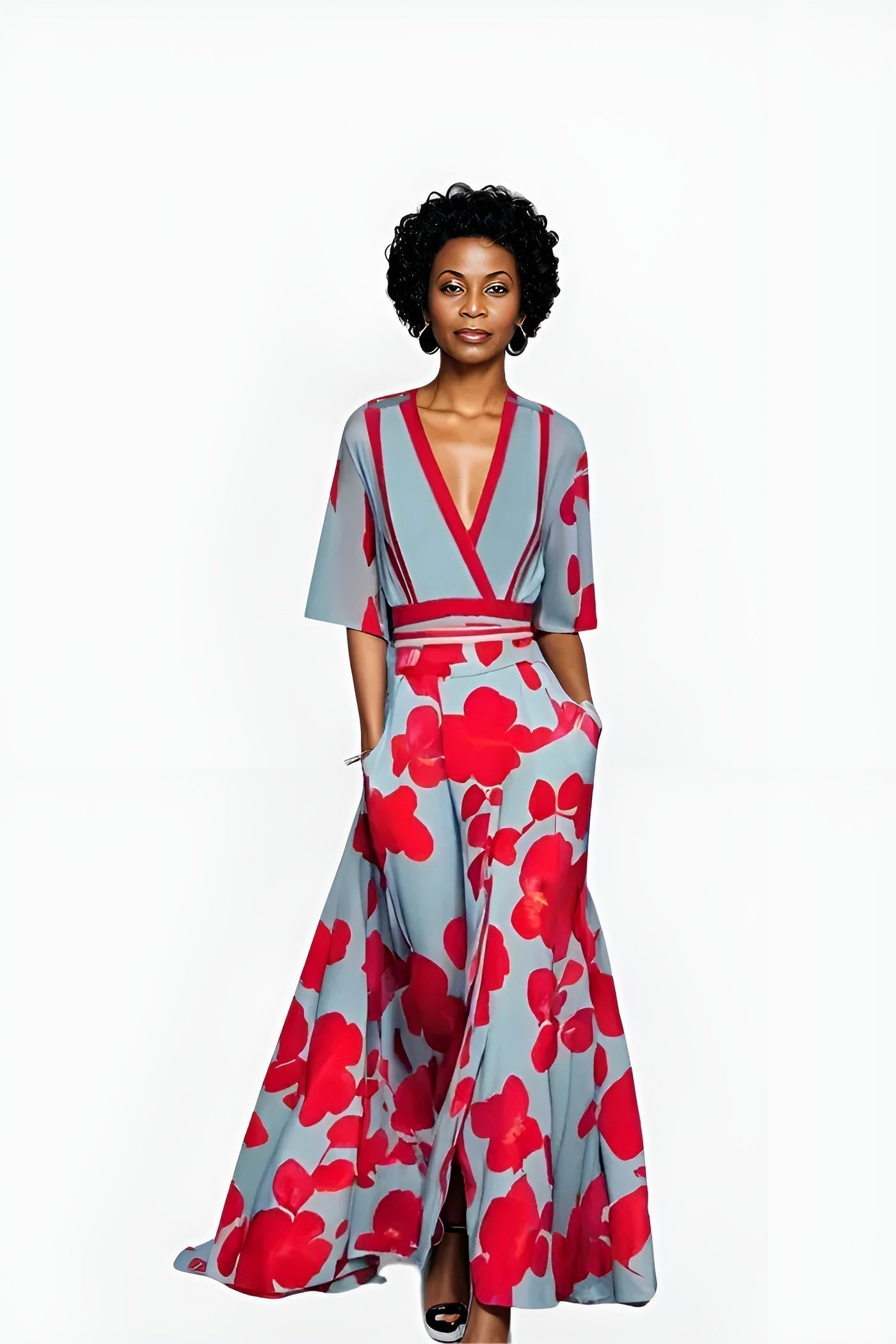 Women's Floral Wrap Dress with Adjustable Tie and Short Sleeves
