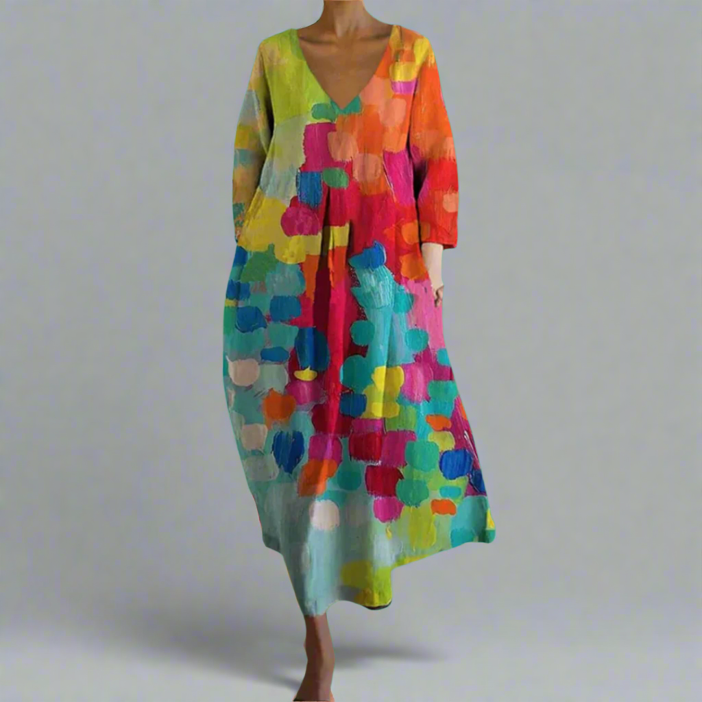 Women's V-Neck Dress with Colorful Design and Versatile Style