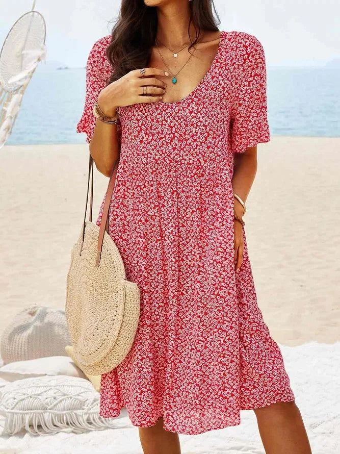 Women's Ditsy Floral Smock Dress with V-Neck and Short Sleeves
