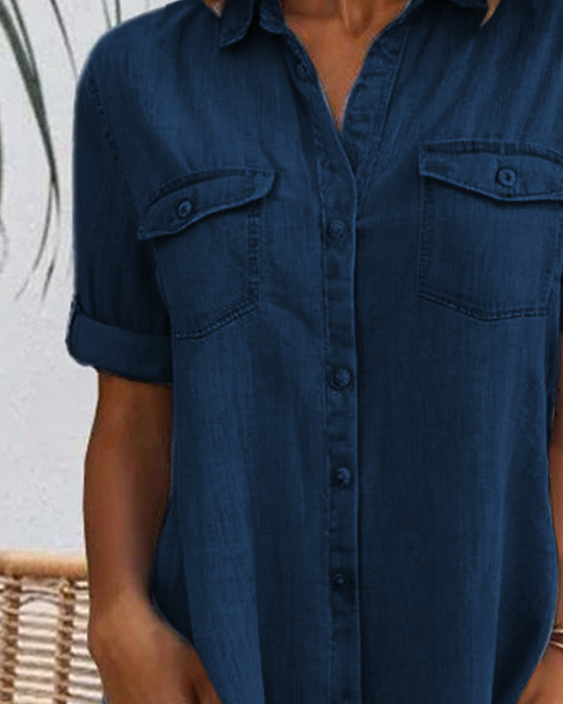 Women's Denim-Style Dress with Short Sleeves and Relaxed Fit
