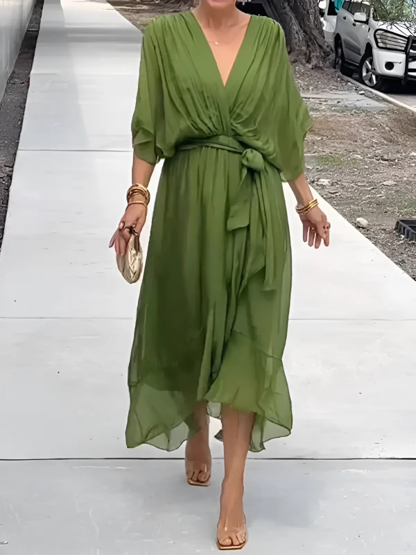 Women's Wrap Midi Dress with Adjustable Tie and Flattering Fit