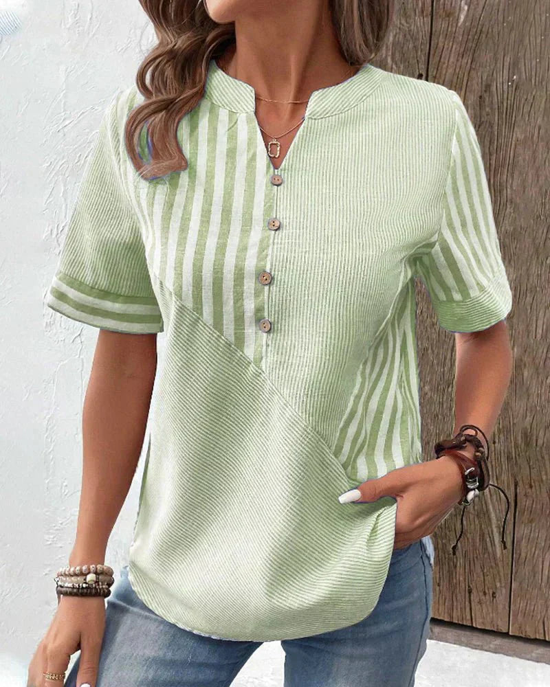 Women's Striped Blouse with Short Sleeves and Lightweight Fabric