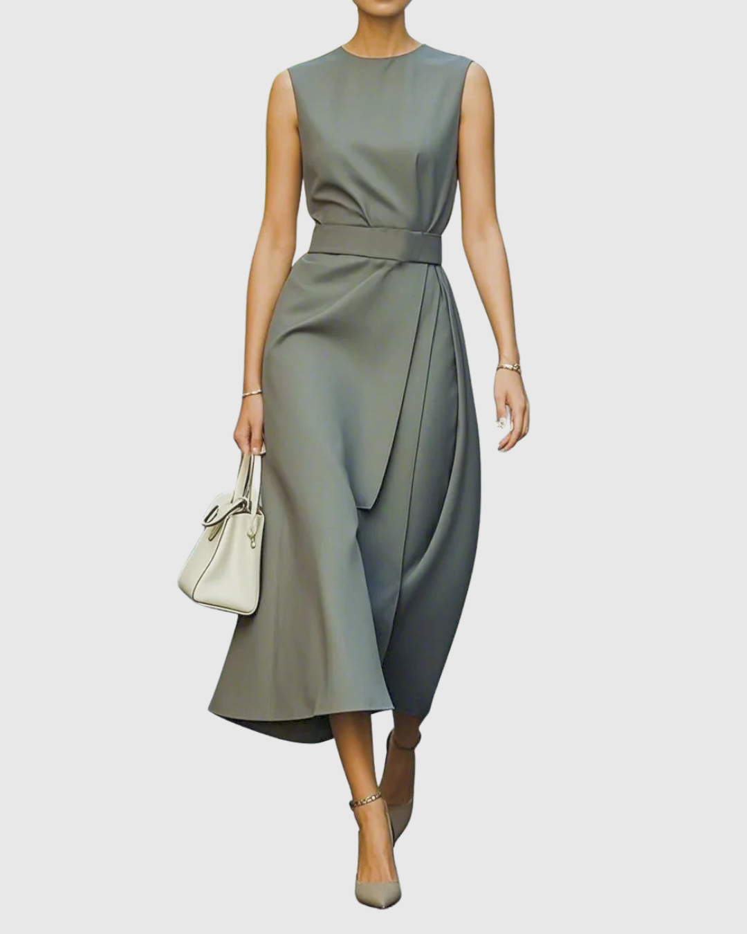 Women's Sleeveless Midi Dress with Round Neck and Twisted Detail