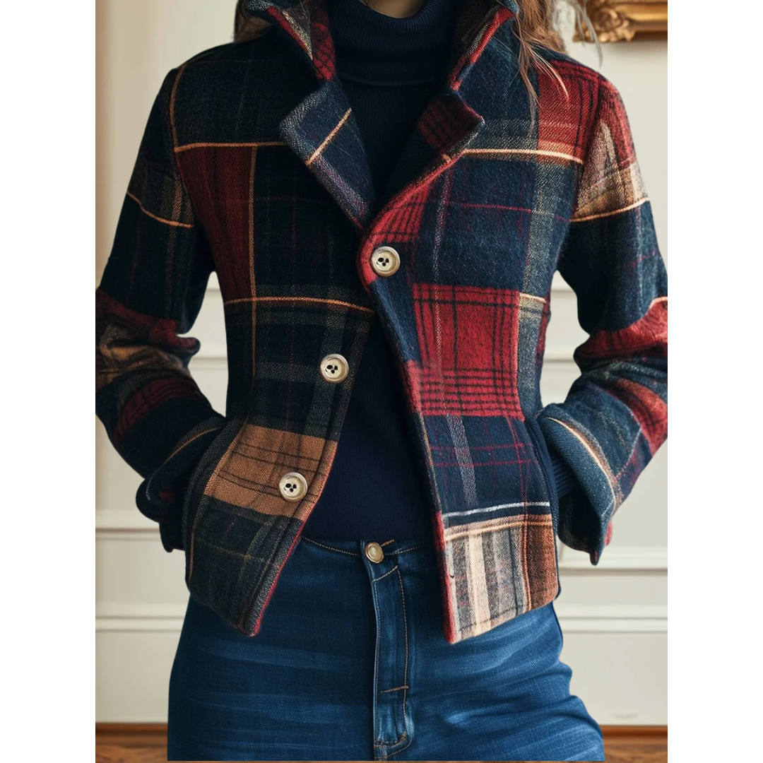 Women's Classic Plaid Jacket with Button Closure and Side Pockets