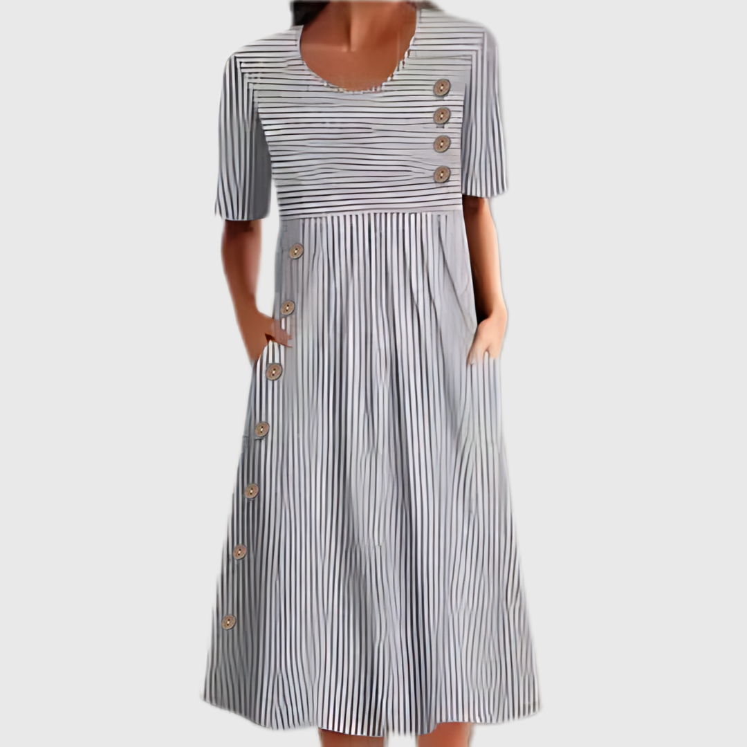 Women's Striped Midi Dress with Button Details and Classic Design