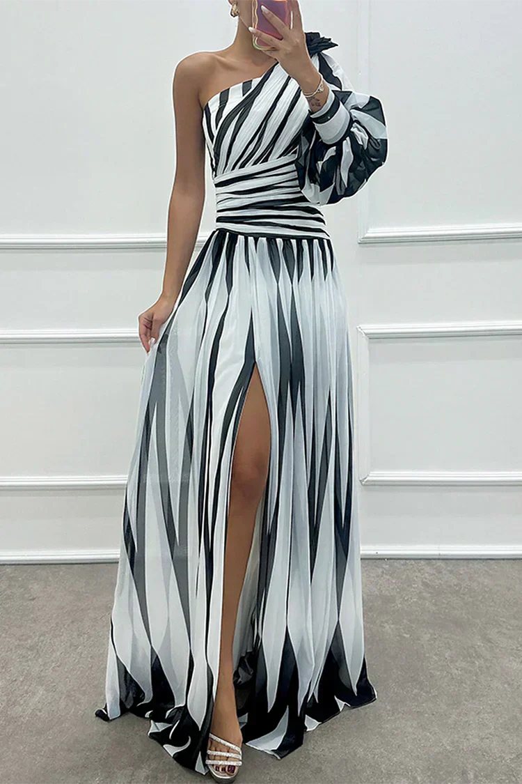 Women's Striped One Shoulder Maxi Dress with Flowing Design and Versatile Style