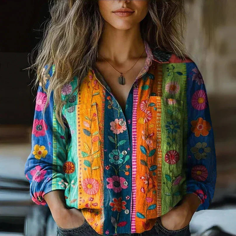 Women's Vintage Blouse with Bohemian Pattern and Lightweight Fabric