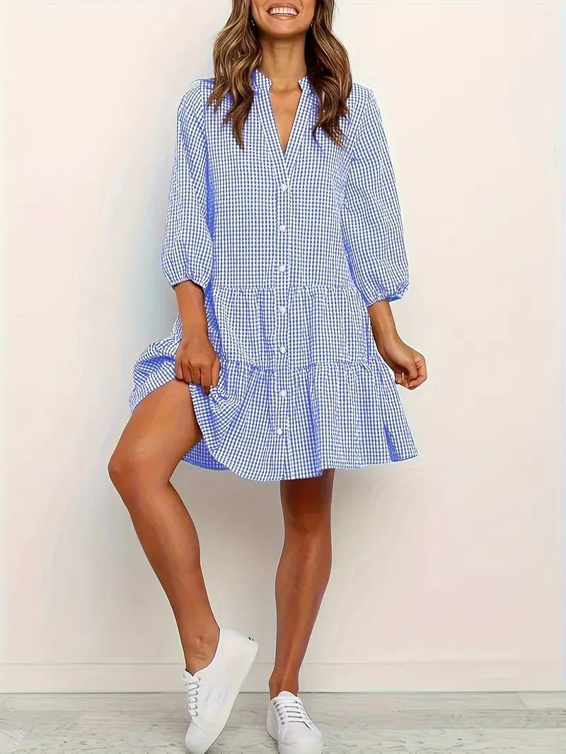 Women's Gingham Print Mini Dress with Button-Down Front and 3/4 Sleeves