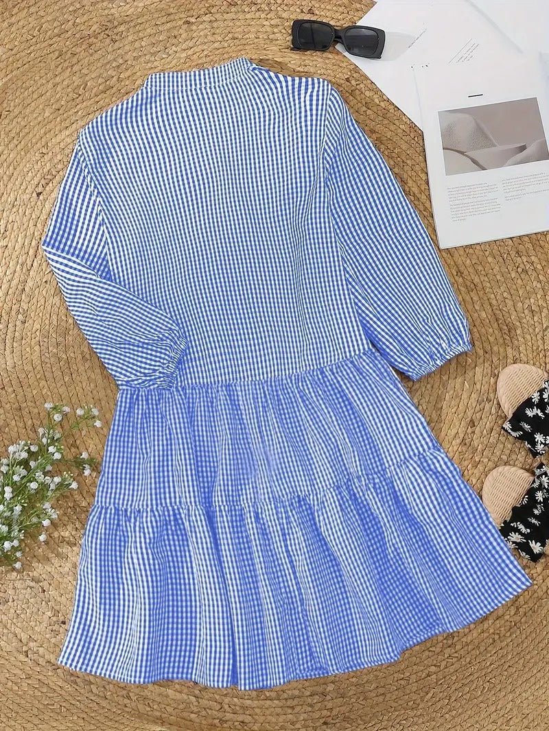 Women's Gingham Print Mini Dress with Button-Down Front and 3/4 Sleeves