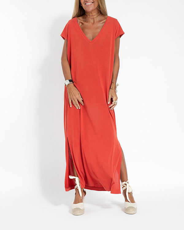 Women's V-Neck Short Sleeve Maxi Dress with Side Slit and Flowing Design