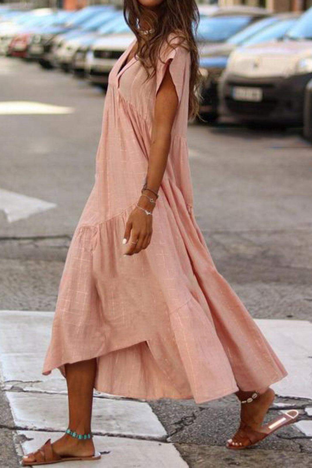 Women's V-Neck Midi Dress with Tiered Design and Flutter Sleeves