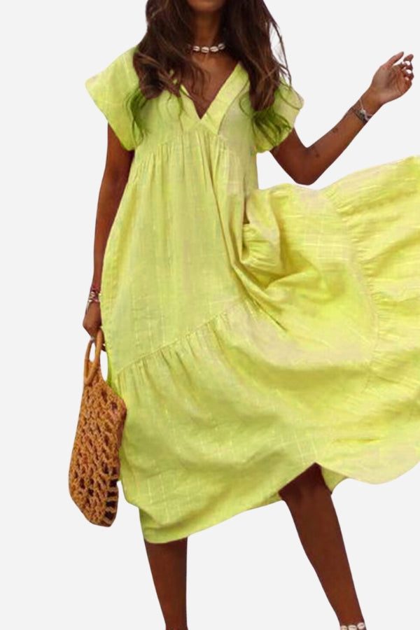 Women's V-Neck Midi Dress with Tiered Design and Flutter Sleeves
