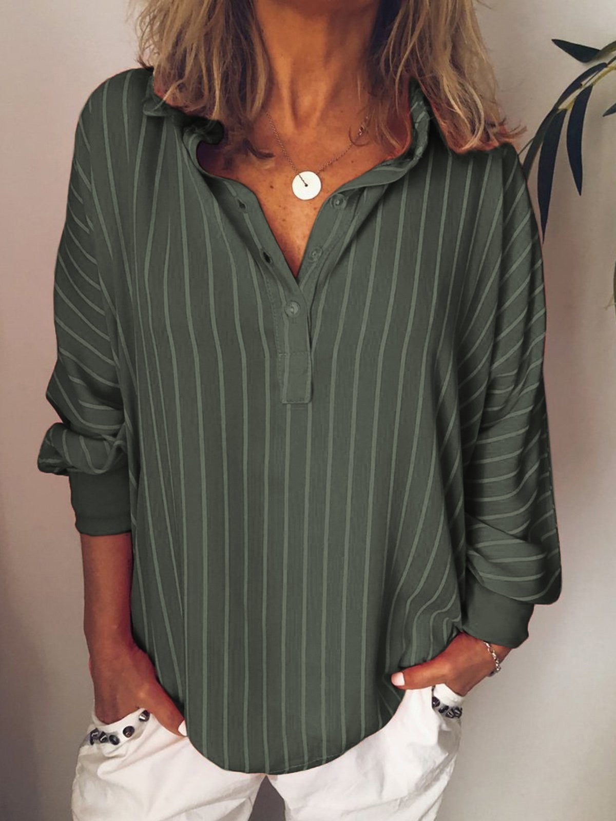 Women’s Long-Sleeve Blouse | Striped Design with Half Buttons