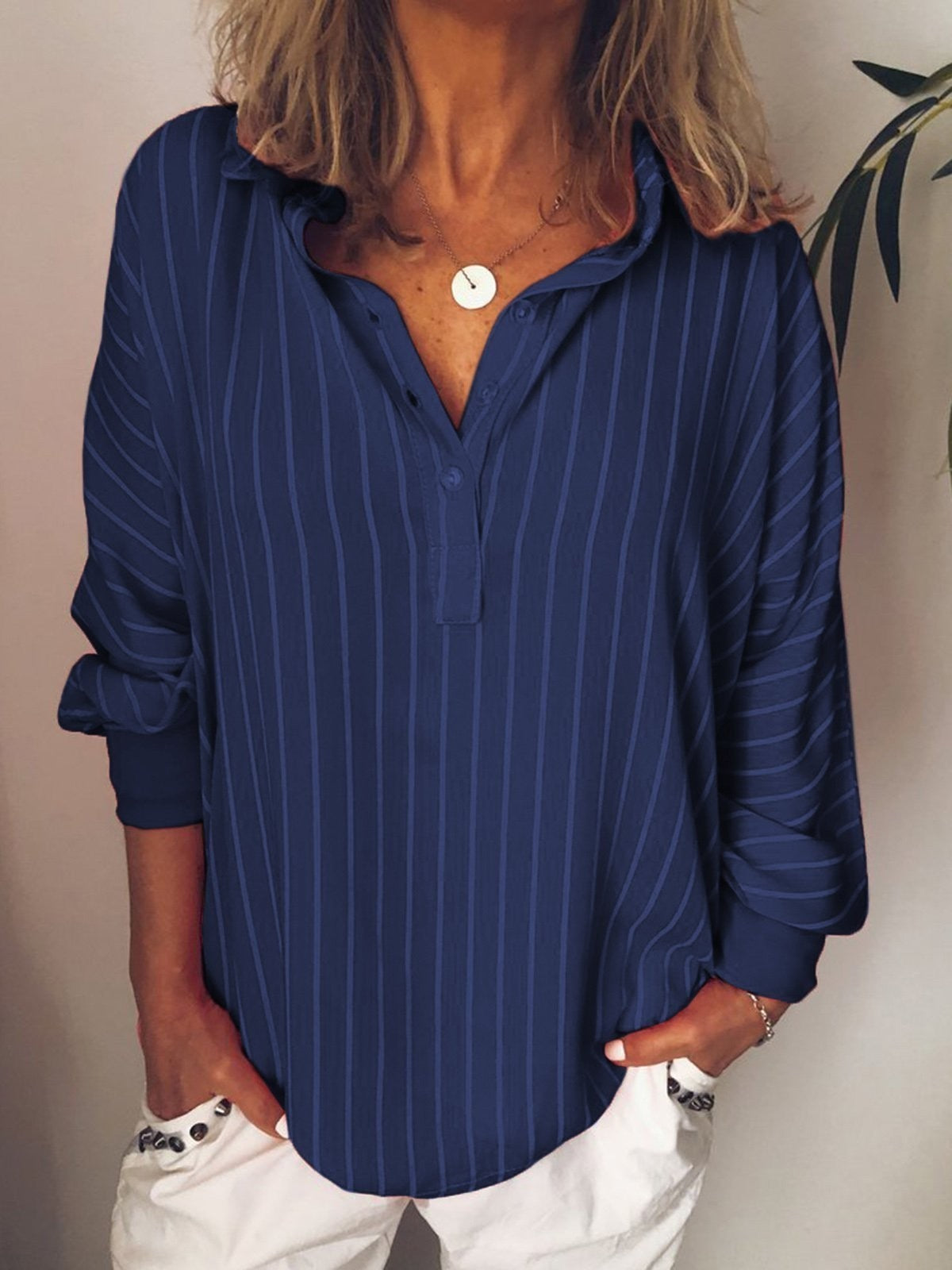 Women’s Long-Sleeve Blouse | Striped Design with Half Buttons