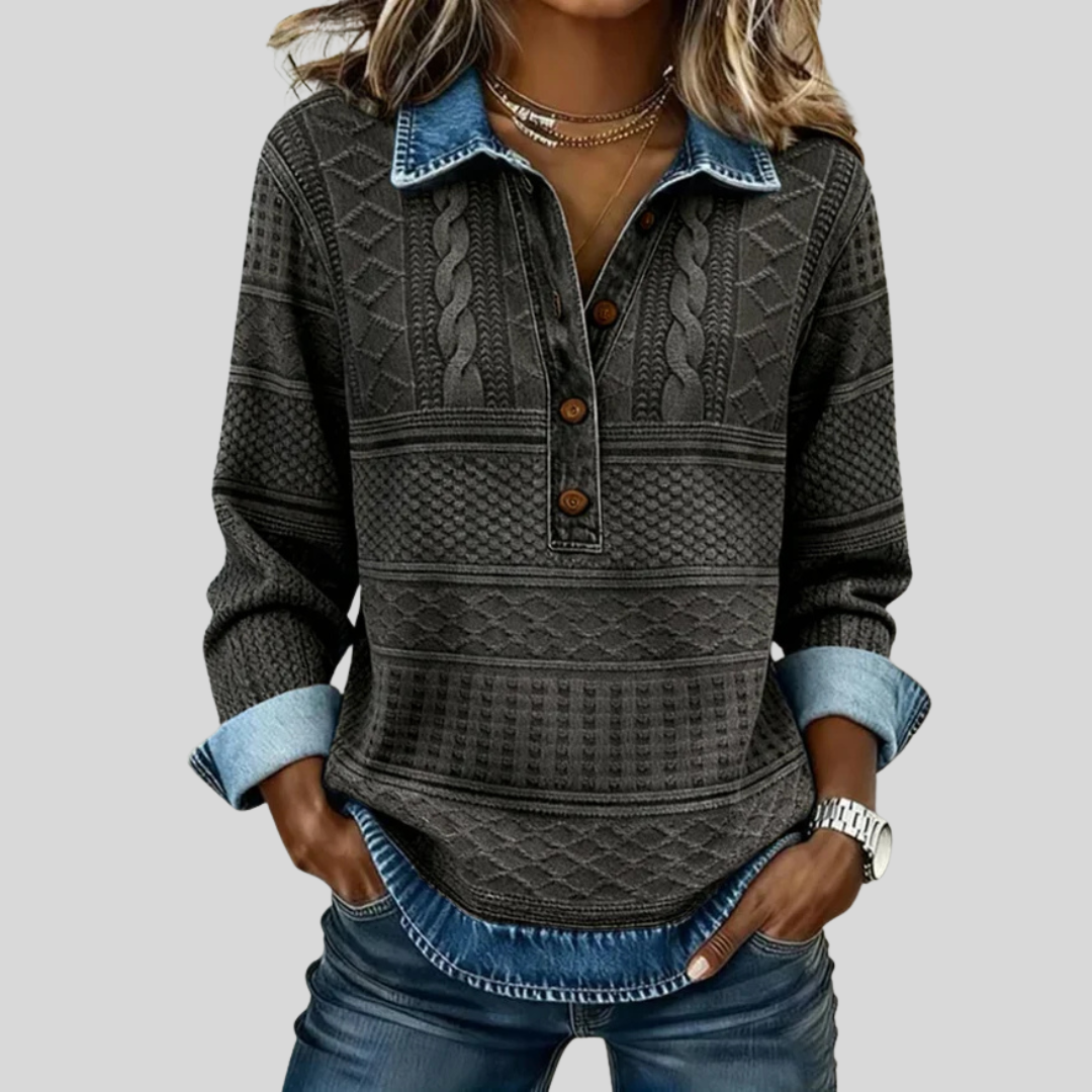 Velmora™ - Textured Knit Button-Collar Top