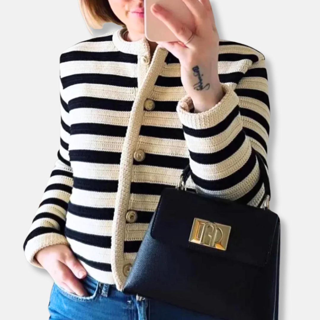 Women’s Striped Cardigan | Button Front Crew Neck