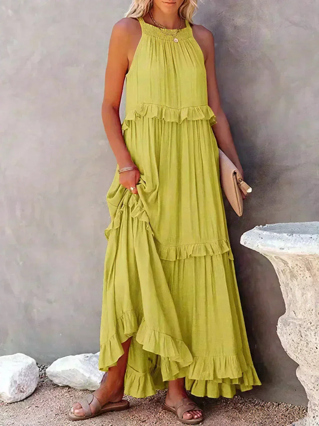 Women's Sleeveless Dress with Ruffles and Flowy Design