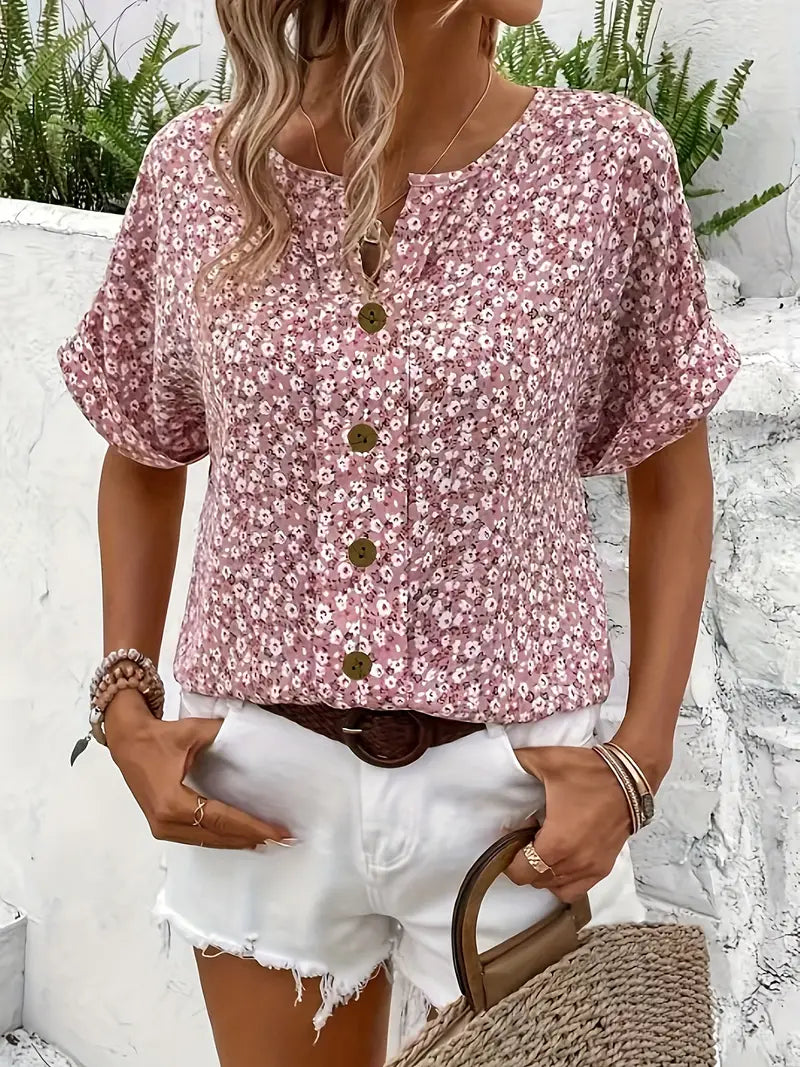 Women's Floral Print Blouse with Short Sleeves and Lightweight Fabric