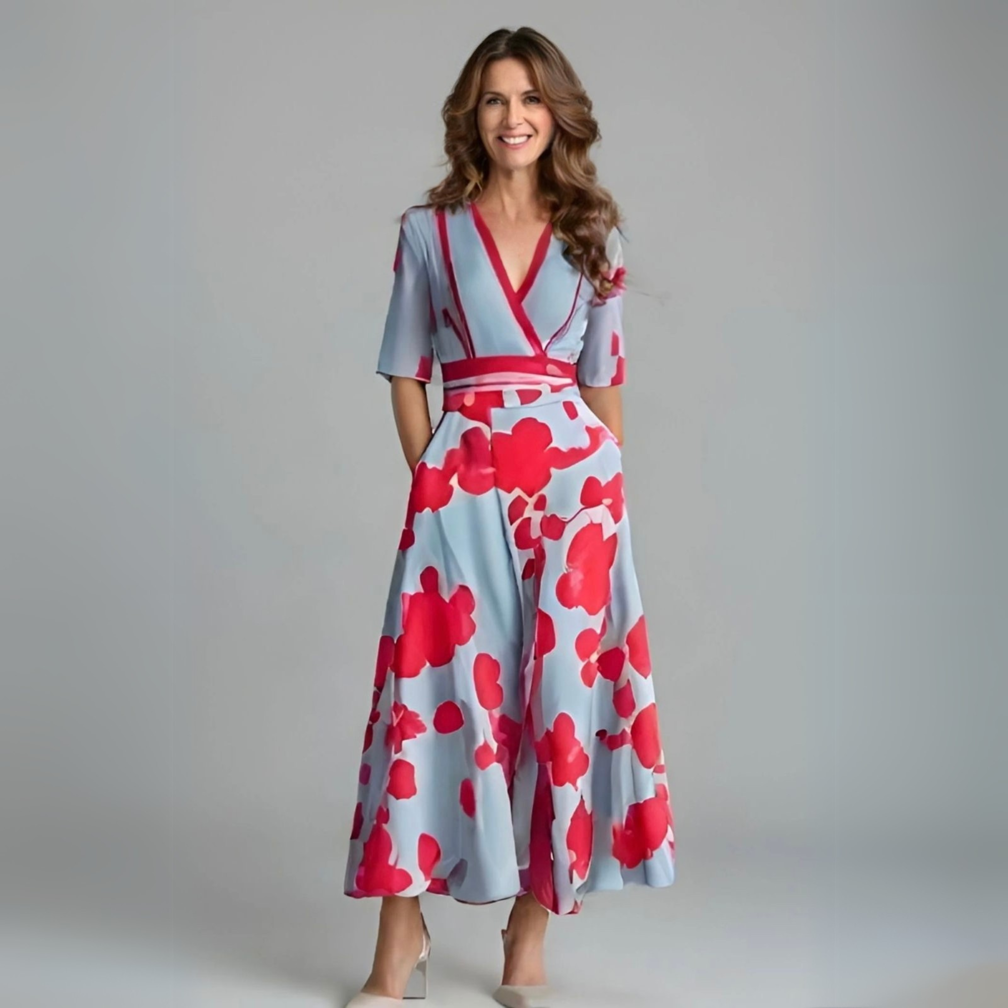 Women's Floral Wrap Dress with Adjustable Tie and Short Sleeves