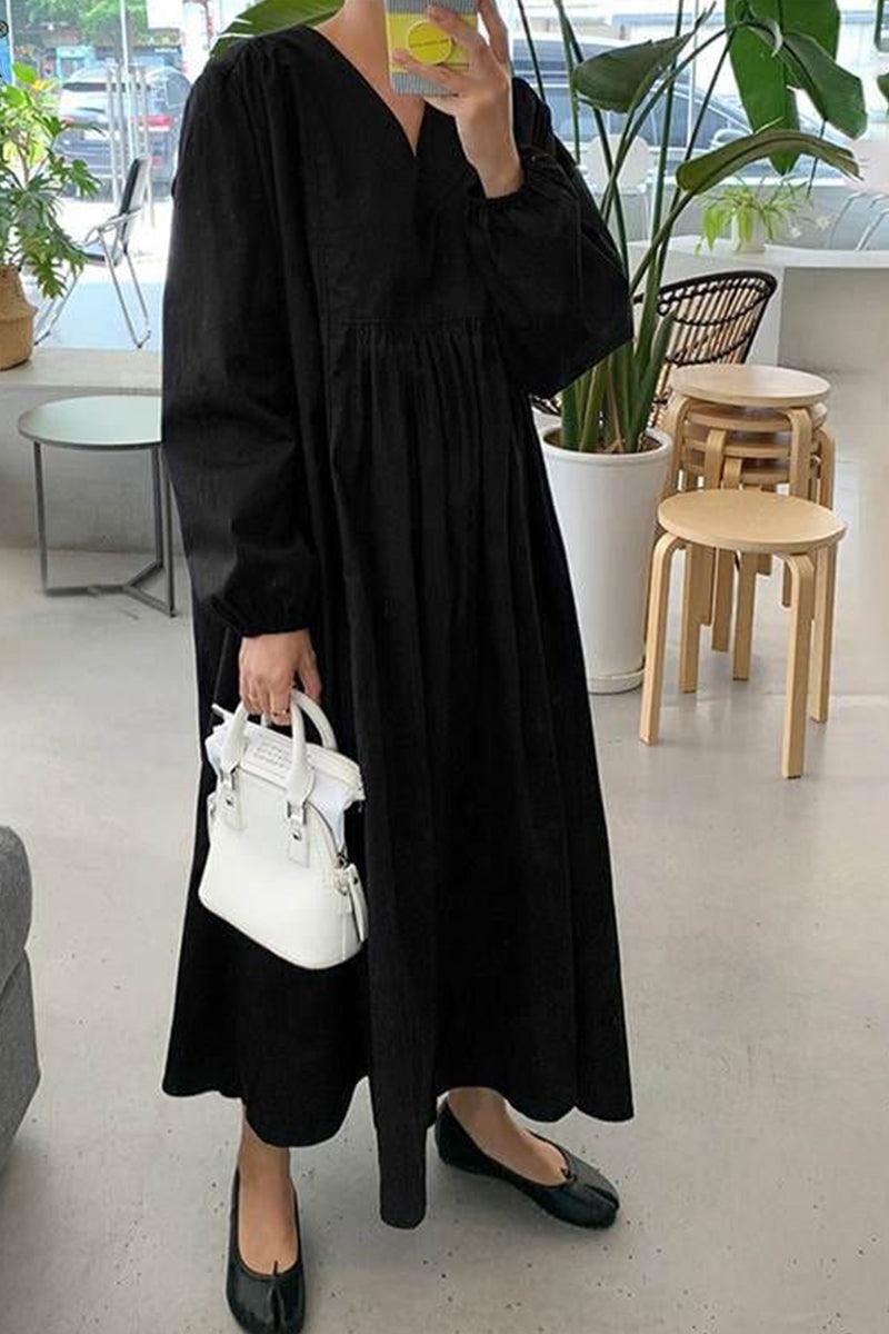 Women's V-Neck Midi Dress with Smocked Waist and Balloon Sleeves
