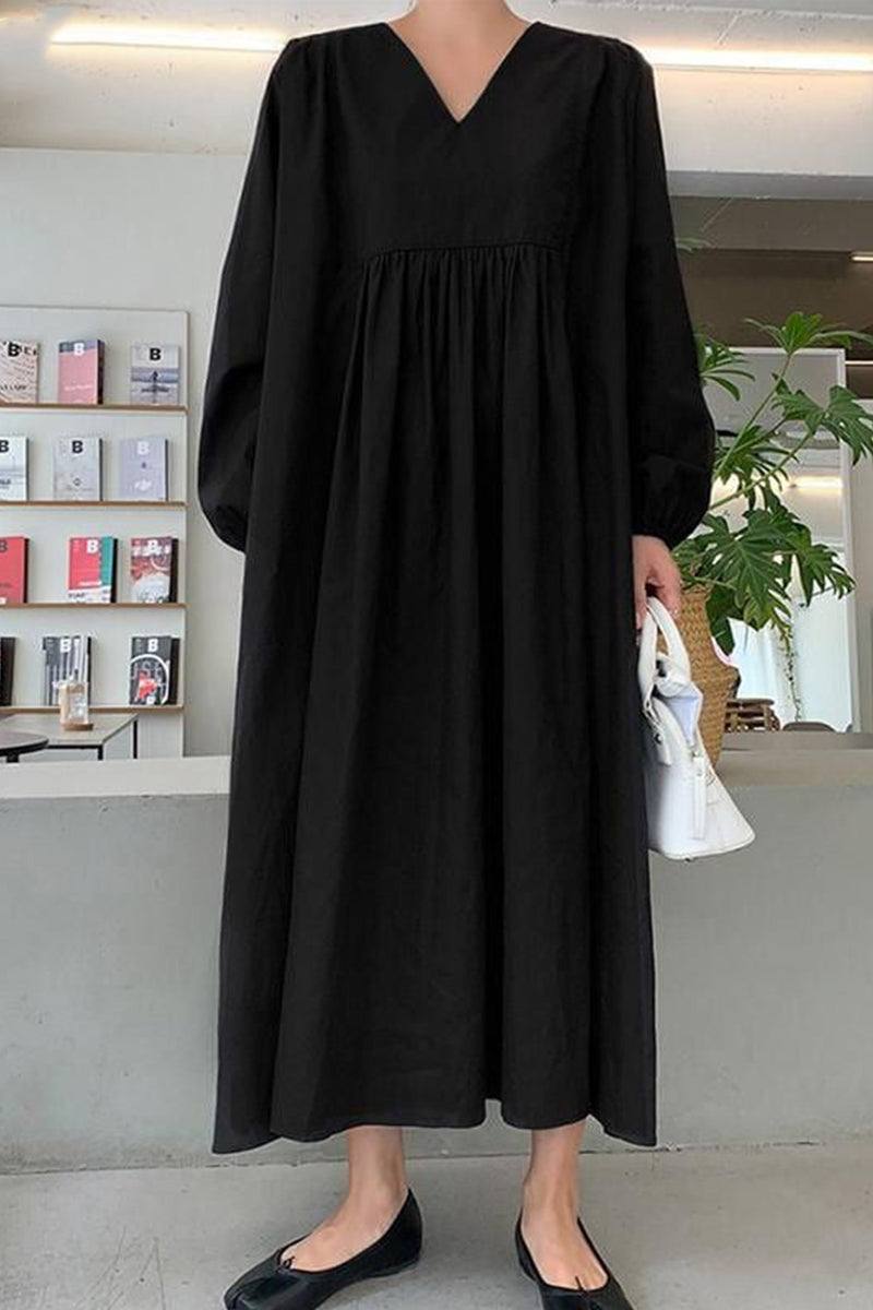 Women's V-Neck Midi Dress with Smocked Waist and Balloon Sleeves