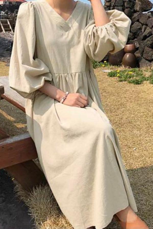 Women's V-Neck Midi Dress with Smocked Waist and Balloon Sleeves