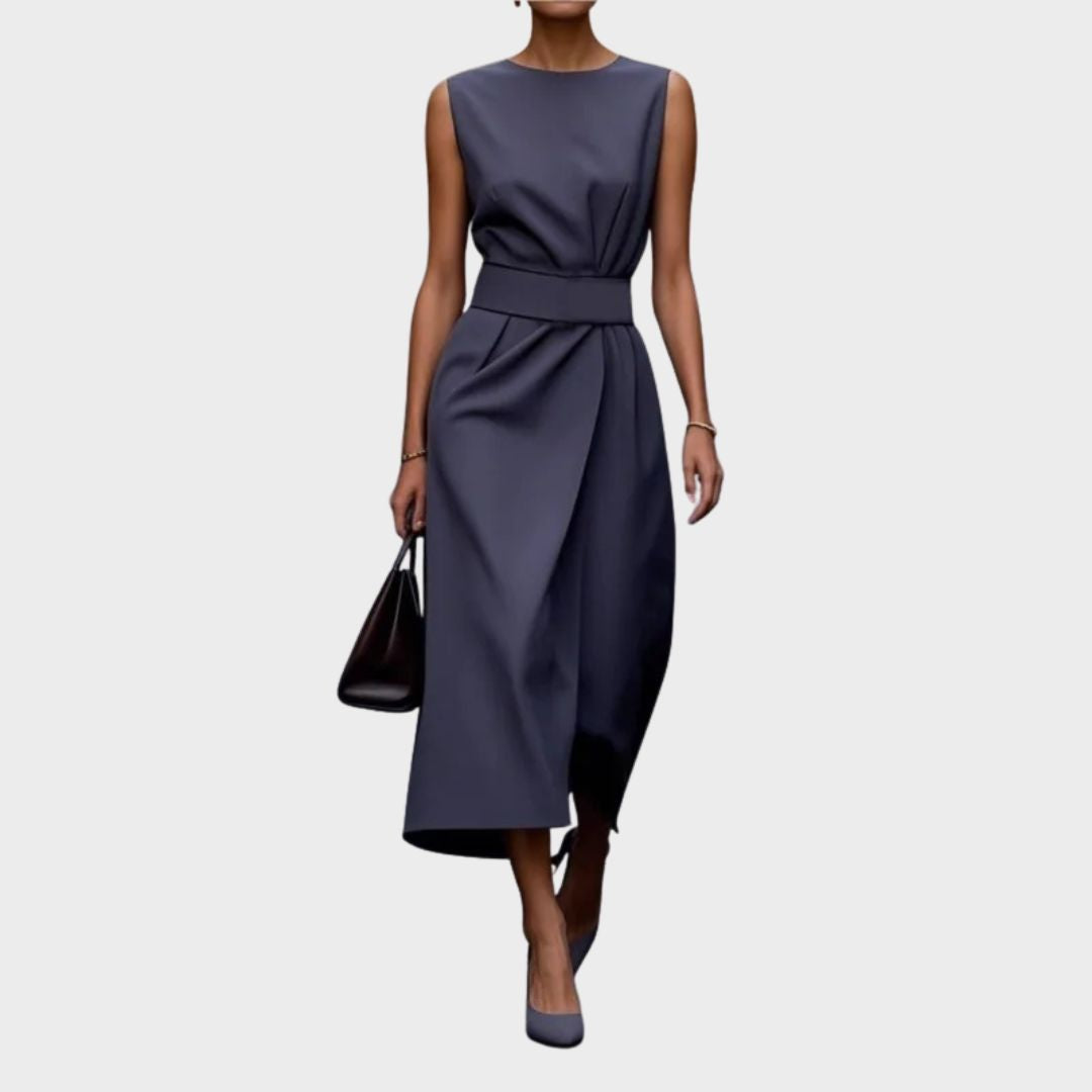 Women's Sleeveless Midi Dress with Round Neck and Twisted Detail