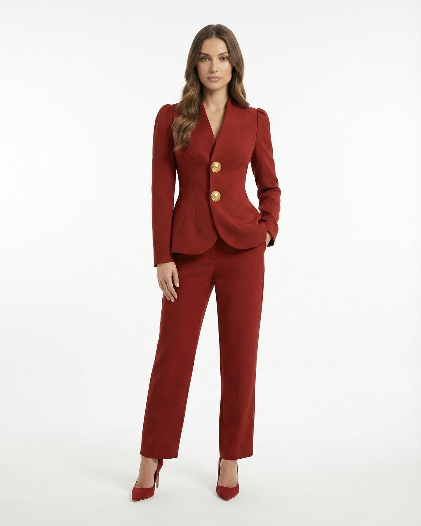 Women's Collarless V-Neckline Blazer and Straight-Leg Pants Set | Two-Piece