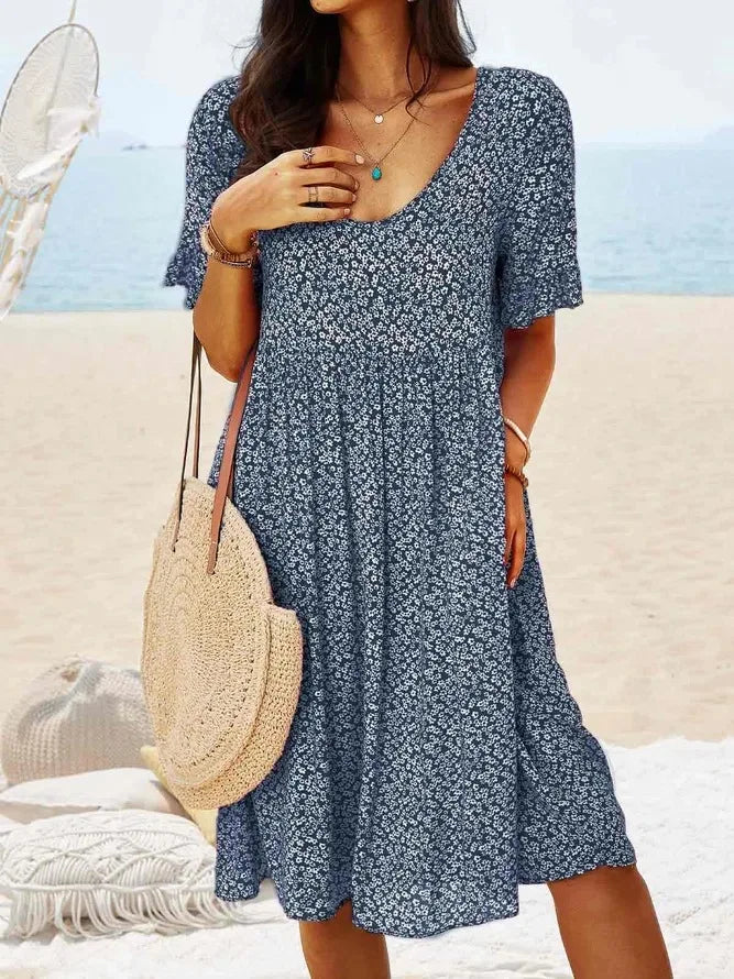 Women's Ditsy Floral Smock Dress with V-Neck and Short Sleeves