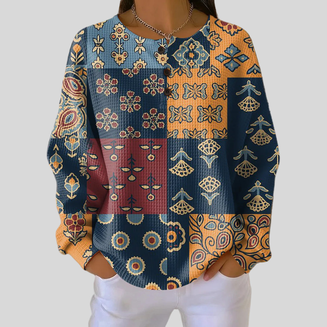 Anika | Sweater with Ethnic Check Floral Print