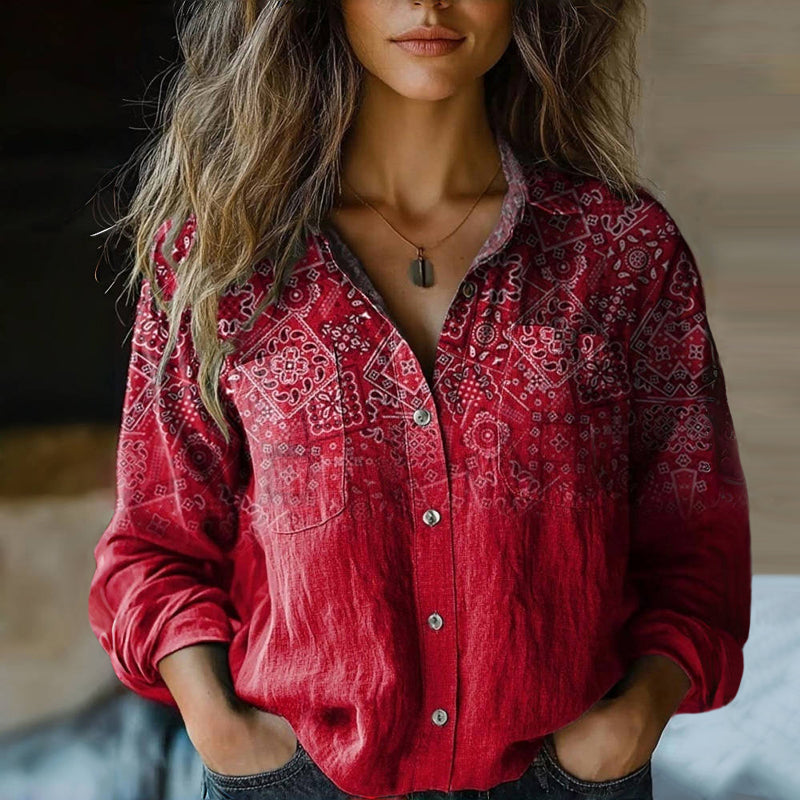 Women's Vintage Blouse with Bohemian Pattern and Lightweight Fabric