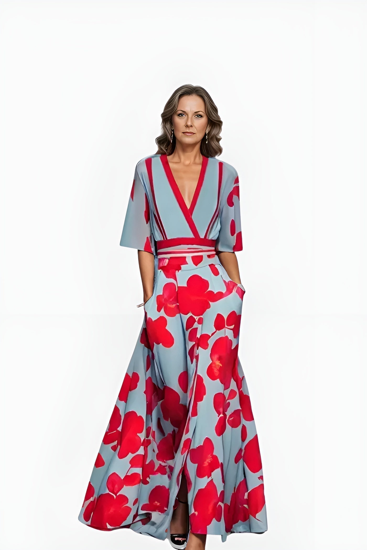 Women's Floral Wrap Dress with Adjustable Tie and Short Sleeves