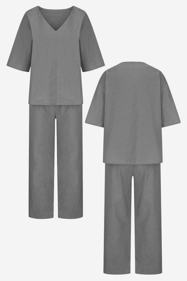 Women's V-Neck Batwing Top with Relaxed Fit and Straight-Leg Trousers